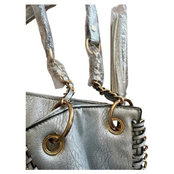 Silver & Gold Tone Chain-Trimmed Shoulder Bag - Picture 7 of 11